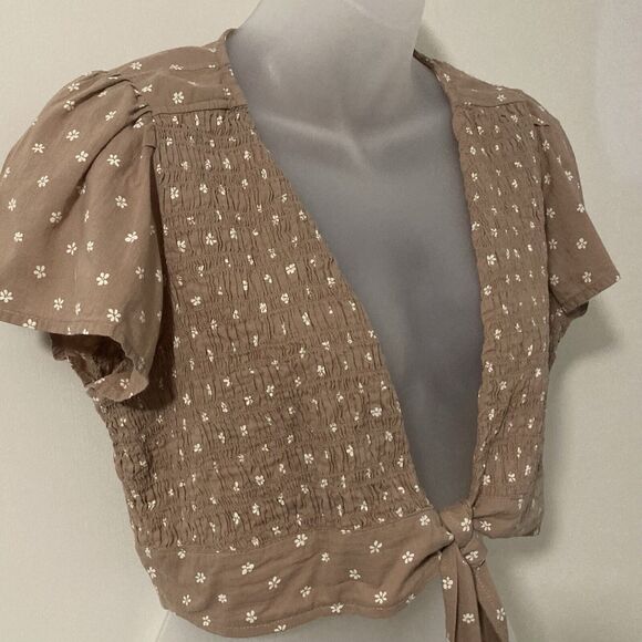 American Eagle Womens Large Crop Top Brown White Floral Boho Smocked Tie Front - Picture 4 of 8